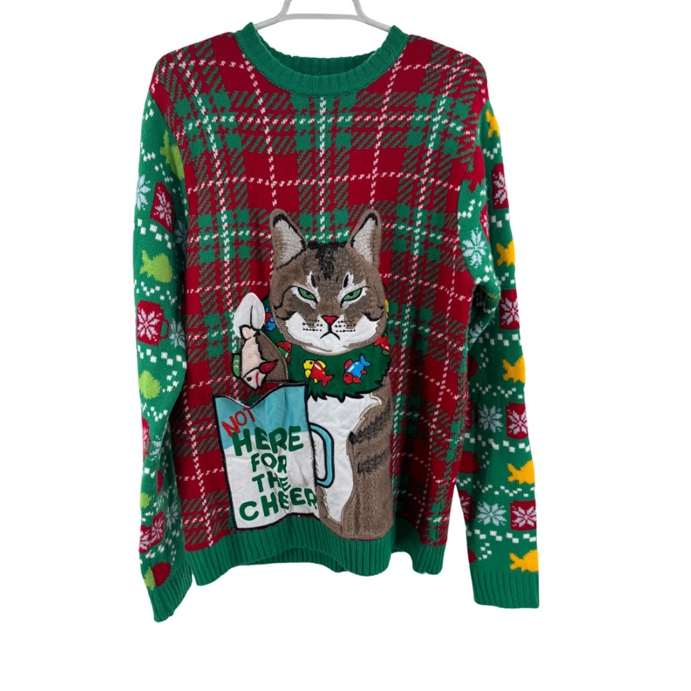 Blizzard Bay Festive Plaid Fuzzy Cat anti-Christmas Sweater pocket unisex funny